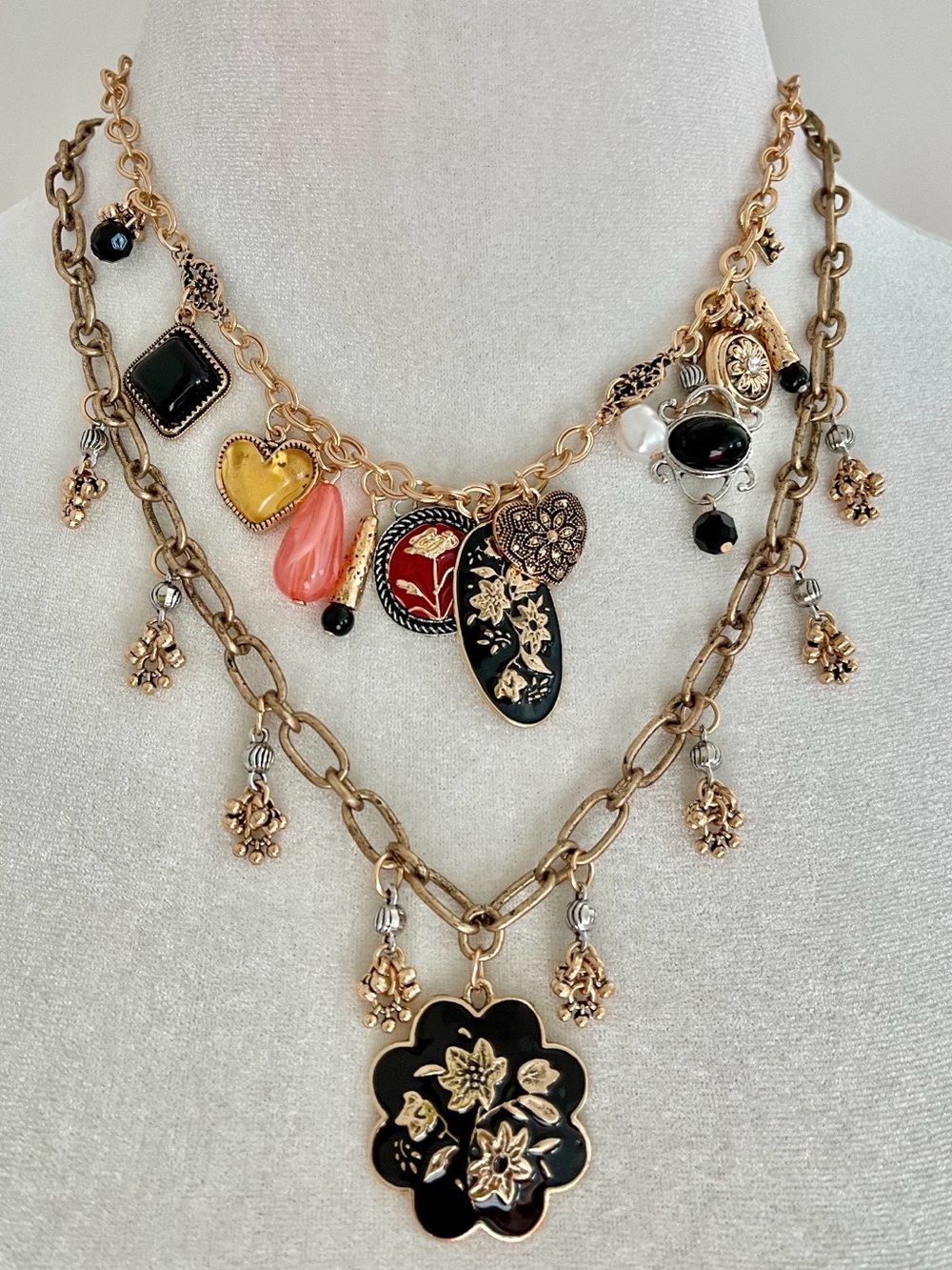 Multi-Charm Black & Gold Oversized Pendant Statement Necklace Set